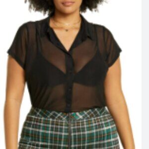 BP Black Sheer Mesh Short Sleeve Button Down S